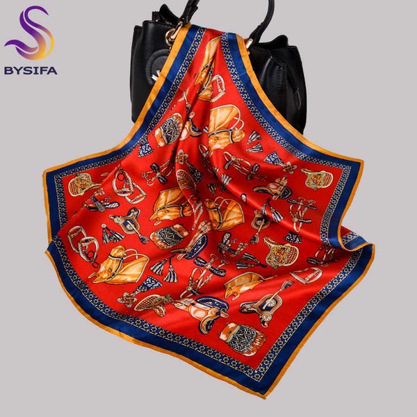 [BYSIFA] New Red 100% Pure SIlk Piccole sciarpe quadrate Ladies Fashion Hairband Horse Design Neck Scarf Bag Handle Nastri 52 * 52cm Q0828