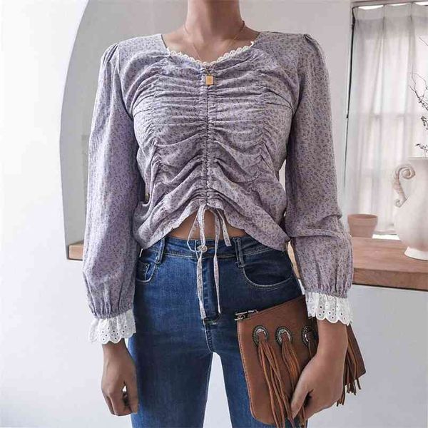 

autumn womens and blouses lace trumpet long sleeve drawstring casual floral short chiffon shirt blouse 210508, White