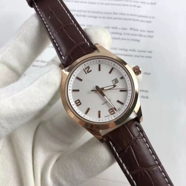 

three needle series luxury mens watches calendar function quartz watch designer wristwatches brand fashion black leather strap, Slivery;brown