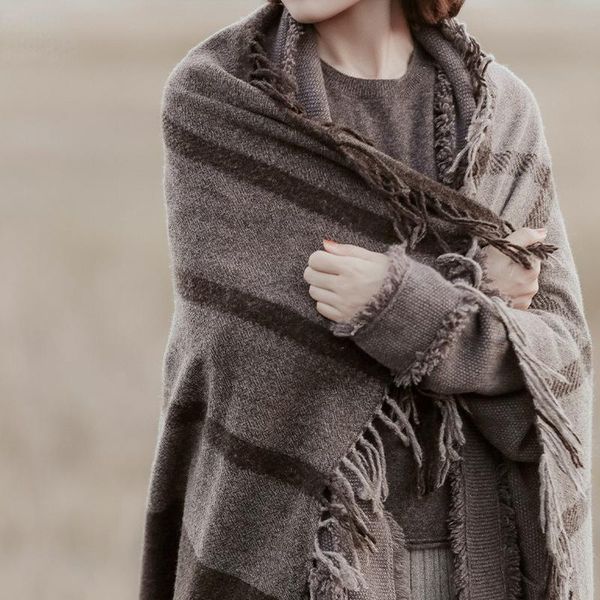 

scarves large retro square scarf blanket shawl dual-purpose women's coffee beige plaid pure wool in spring and autumn winter, Blue;gray