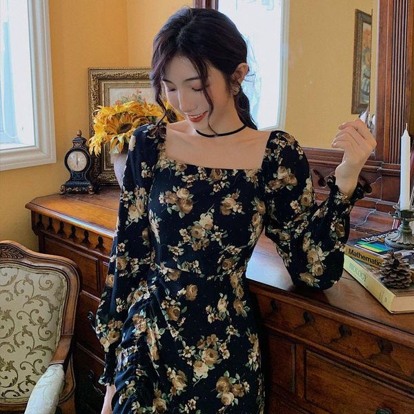 

casual dresses elegant floral dress women long sleeve midi vintage square collar french retro party spring n style, Black;gray