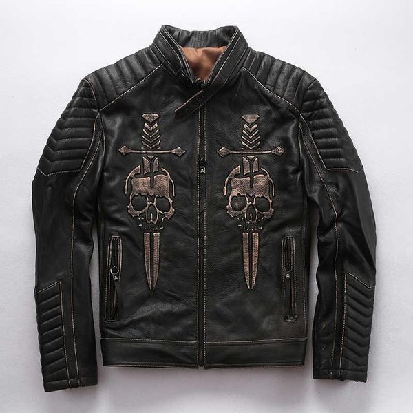 

men's leather & faux vintage genuine jacket with skulls double sword punk motorcycle coat men slim fit stand biker male, Black