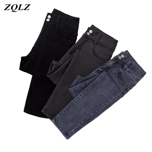 

zqlz 2021 high waist jeans skinny woman plus size black mom women's trousers button with zipper pencil pants, Blue