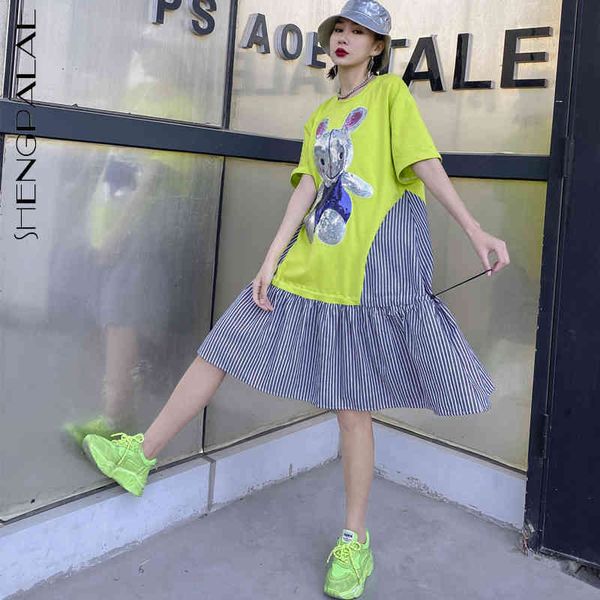 

shengpllae streetwear spliced ruffles dress women's summer round neck cartoon sequin short sleeve dresses female 5c726 210427, Black;red