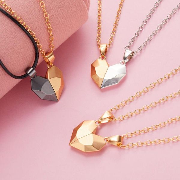 

pendant necklaces 2pcs/set magnetic lovers heart couple distance faceted charm necklace women girl jewelry gift on march 8, Silver