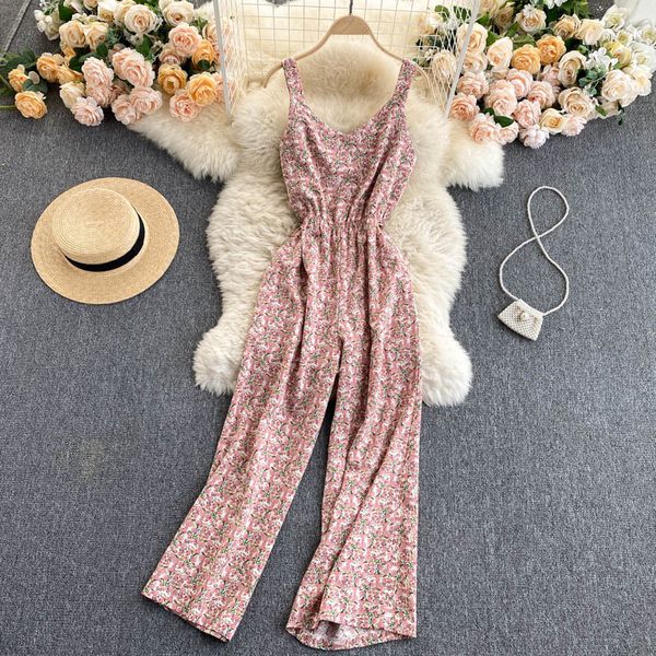 SINGREINY Französisch Retro Floral Strampler Frauen Sexy Backless V-ausschnitt Overalls Sommer Böhmischen Druck Strap Breite Bein Strampler 210419