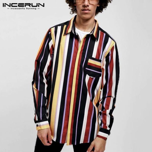 

men's casual shirts incerun 2021 fashion shirt men colorful striped streetwear long sleeve lapel loose mens brand camisa plus size 5xl, White;black