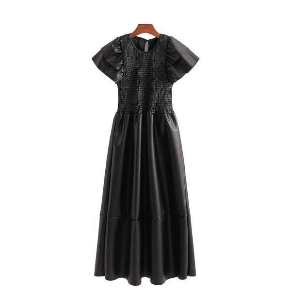 

vintage woman long pu tight draped dress spring-autumn fashion ladies short sleeve es female casual streetwear 210515, Black;gray