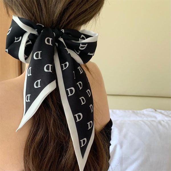 

scarves &dolphin women spring wide ribbon 100x10cm french style balck letter d skinny scarf headbands neckerchief streamer choker, Blue;gray