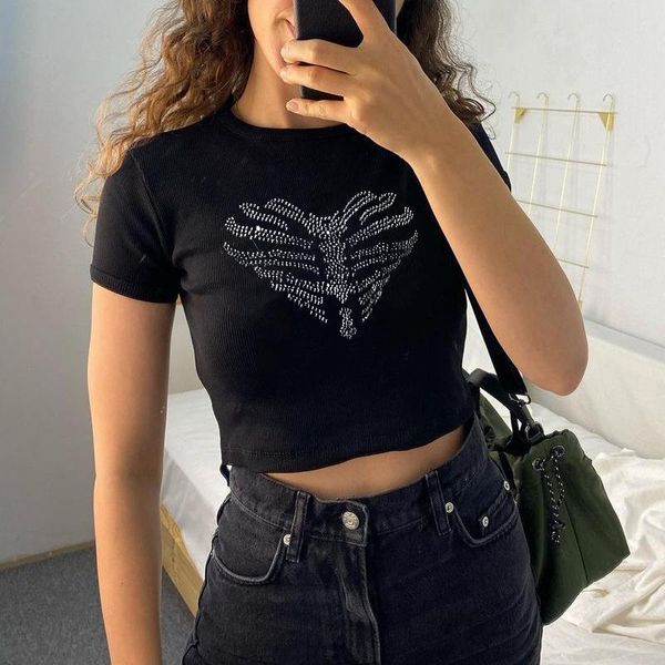 

women's t-shirt seasons crystal print casual black crop tee harajuku punk cotton basic t shirt women summer short sleeve tshirts asts83, White