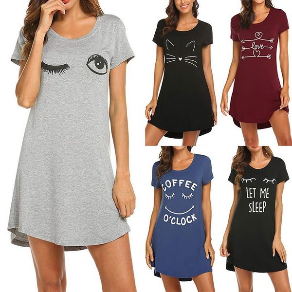 

women's sleepwear 2021 women letter nightgowns and sleepshirts cute sleep shirt printed night dress short sleeve nightwear, Black;red