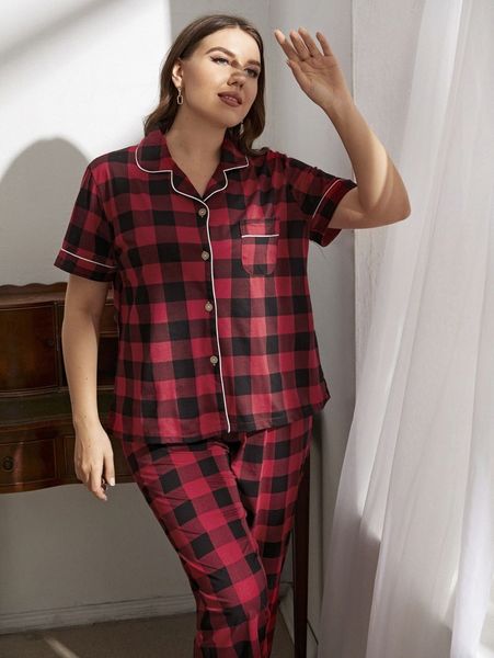 

plus buffalo plaid patched pocket contrast piping pj set h49x#, Black;white