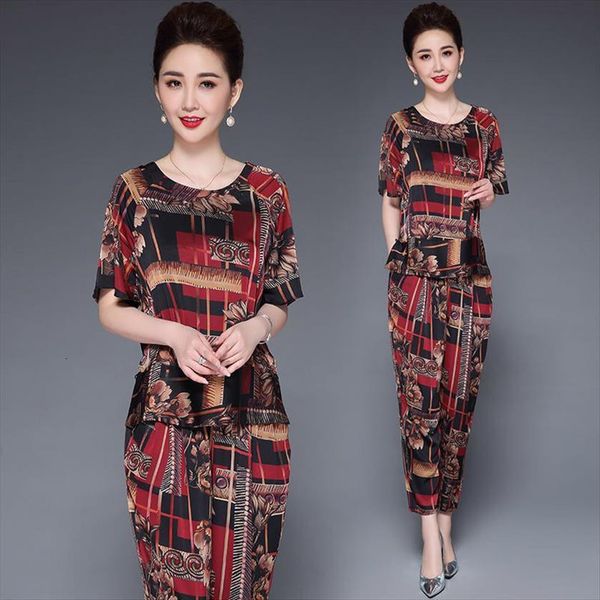 

2 pieces ice silk clothing womens tracksuits sets plus size xl 5xl summer middle aged mother good quality brand, Gray