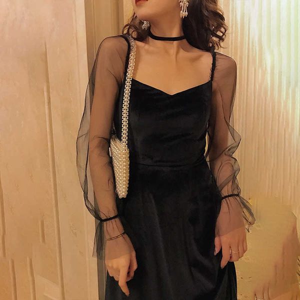 

elegant velvet black long sleeve dress retro square collar women midi mesh spring wedding party clothing ladies 210604, Black;gray