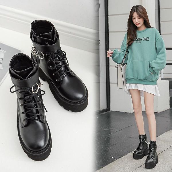 

boots style 2021 versatile thick slope heel high bottom british short, Black