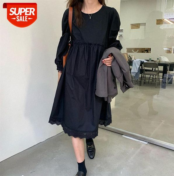 

huang zheng puff sleeve stitching lace round neck long dress female korean style loose skirt l28252 #pe2l, Black;gray