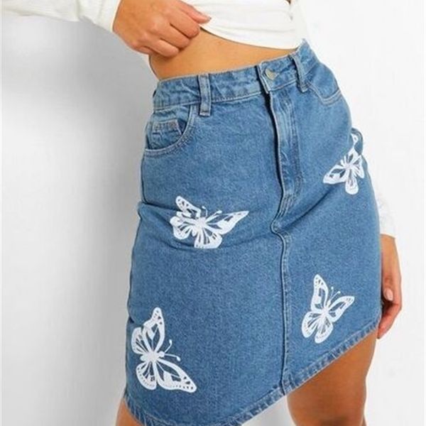 

fashion skirts 2021 summer printing butto butterfly bust high waist women's, Black