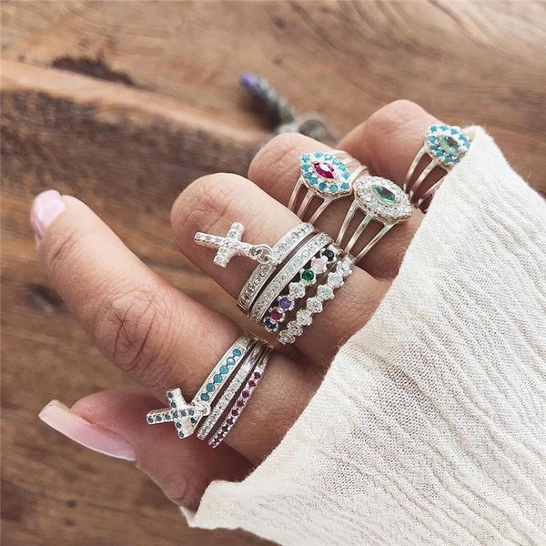 

luokey 10pcs/set evil eye ring personality fashion crystal cross rings set for women female bohemian wedding jewelry gift, Slivery;golden