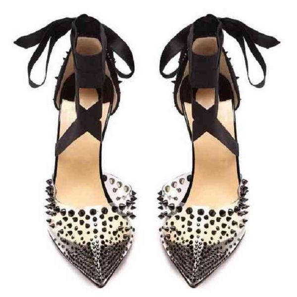 

the women's red stilettos, transparent rivet dress shoes, stylish black ribbon wrap around the feet, party sandals and wedding