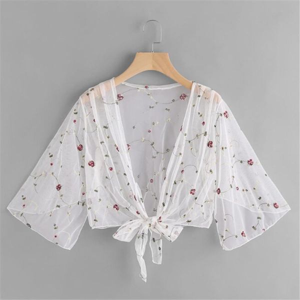 

sarongs women  flower print patchwork mesh white see through ladies outwear long sleeve beachwear cover ups, Blue;gray