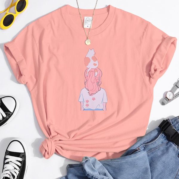 

women's t-shirt pink hair girl kawaii cat print female t shirts fashion oversize leisure t-shirts spring summer loose women, White