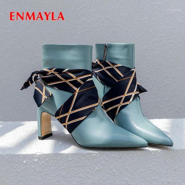 

boots enmayla 2021 women basic zip genuine leather pointed toe ankle for square heel short plush riband shoes1, Black