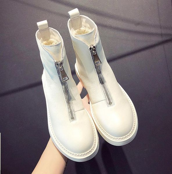 

boots genuine leather women winter plus velvet woman shoe fashion female breathable cowhide bootie front zipper light white boot, Black