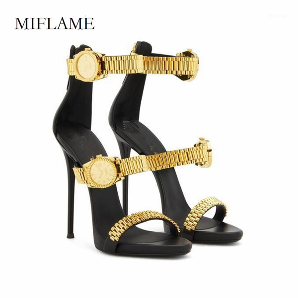 

sandals 2021 luxury gold metal high heel women watch buckle stilettos pumps summer open toed catwalk party heels1, Black