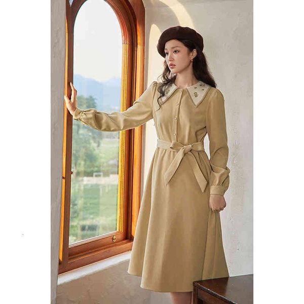 

casual dresses female inman dressed in sash, autumn, pastoral, retro, buttons, wrists, design, line a, khaki, women's clothes 2sr3, Black;gray