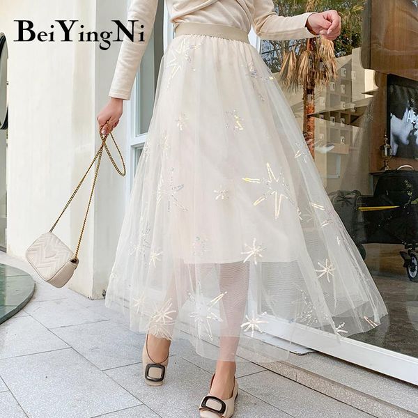 

skirts beiyingni 2021 fashion mesh midi skirt women casual korean long a line vintage beautiful elastic high waist, Black