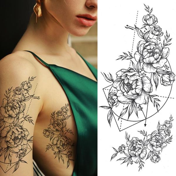 

temporary tattoos 3d black plum peony rose for women body arm lotus peach lily daisy fake tattoo sticker girls