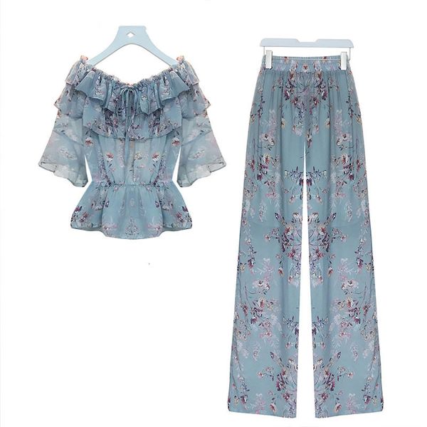 

women's tracksuits plus size 5xl summer chiffon printed a strapless shoulder + broad leg pants female set of two casual loose 2 parts y, Gray