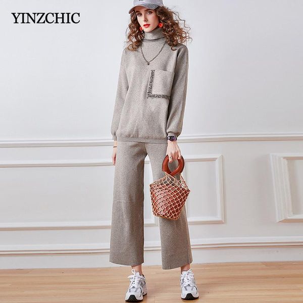 

women's two piece pants 2021 winter woman kntted loose suit turtleneck sweater and long set female casual 2pcs suits for lady, White