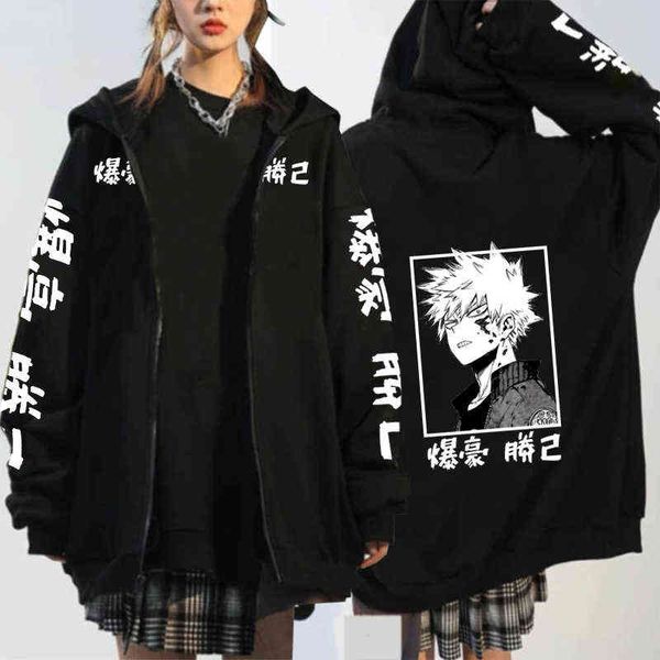 

anime my hero academia print zipper hoodies men women harajuku long sleeve bakugou katsuki hip hop oversized sweatshirt g1214, Black