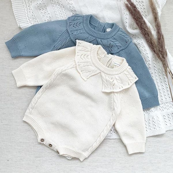 

rompers lovely born baby girls clothes warm lace collar knit romper full sleeve hollow jumpsuit fall winter soft sweater outfits, Blue