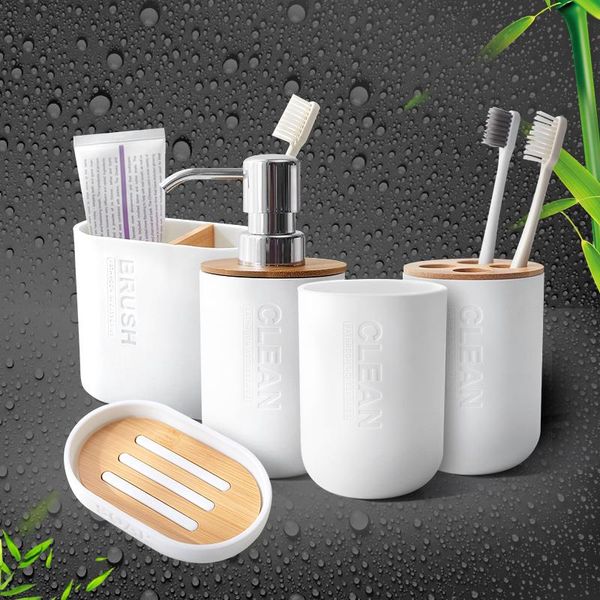 

bath accessory set 5pcs bamboo bathroom accessories sets soap dispenser toothbrush holder mouth cup toothpaste rack dish kit