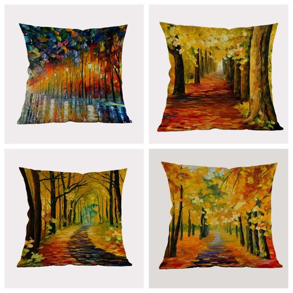 

simple oil painting style autumn tree linen cotton decoraitve pillowcase throw pillows sofa car cushion cover 45x45cm home decor cushion/dec