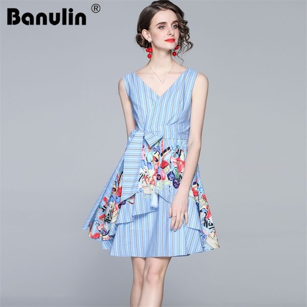 

banulin summer runway women's v-neck ruffles floral print irregular dress streetwear casual striped sashes short dresses 210603, Black;gray