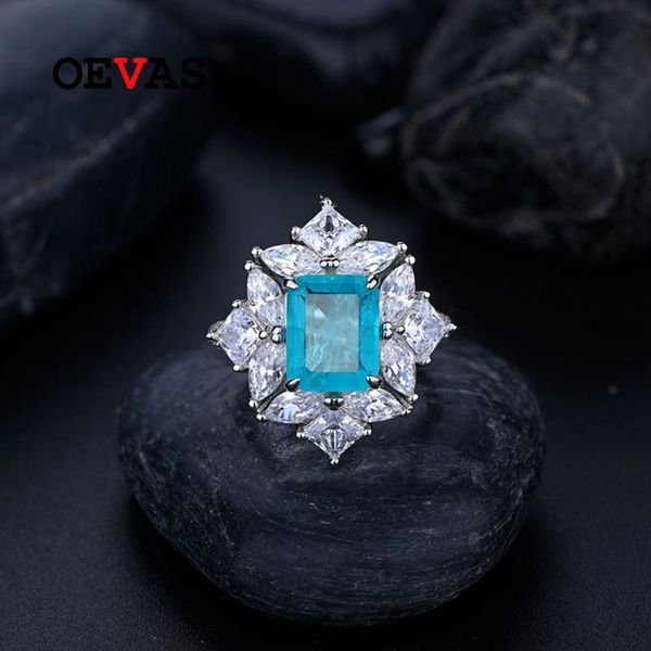 

cluster rings oevas 100% 925 sterling silver 8*10mm paraiba ruby emerald sapphire for women sparkling wedding party fine jewelry gift, Golden;silver