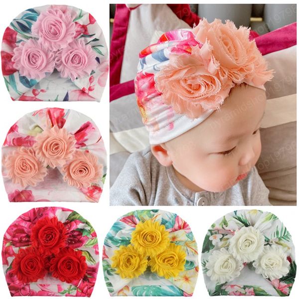 Moda Flor Handmade Bebé Bonés Recém-nascido Impresso Elastic Beanie Caps Poliéster Acessórios De Cabelo De Algodão Decoração