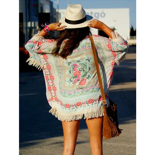 

chiffon floral print tassels kimono bikini cover up swimsuit women 2021 summer beach bathing suit beachwear tunic shirt cover-up women', White;black