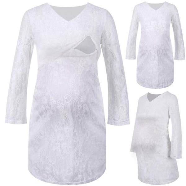 

maternity dresses pregnant women clothes long sleeve breastfeeding casual lace dress pregnancy robe allaitement Ã©tÃ©, White