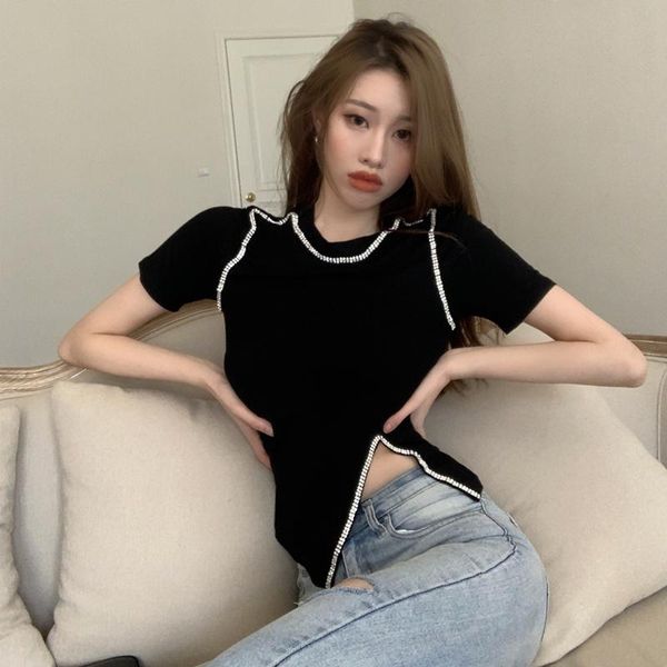 

women's t-shirt summer diamonds clothing fashion brand slim o-neck tees korean clothes asymmetric female t shirts 2021, White