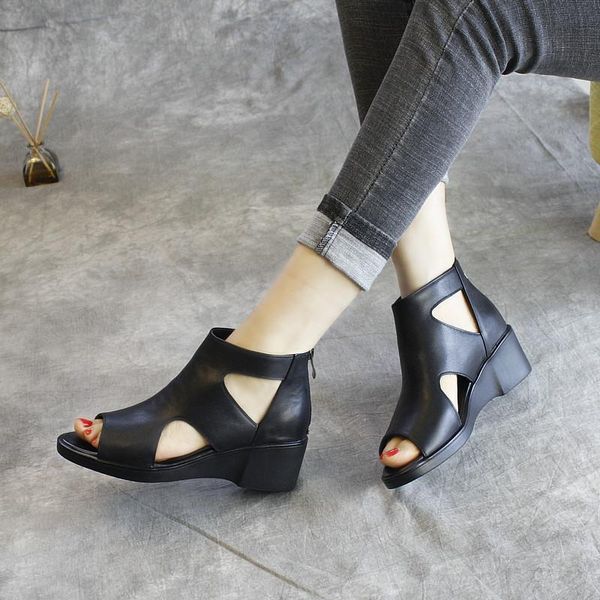 

women leather sandals high heels peep toe black summer shoes for casual handmade genuine