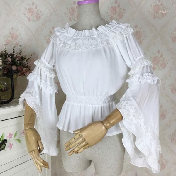 

women's blouses & shirts sweet long flare sleeve chiffon blouse vintage off the shoulder sm6w, White