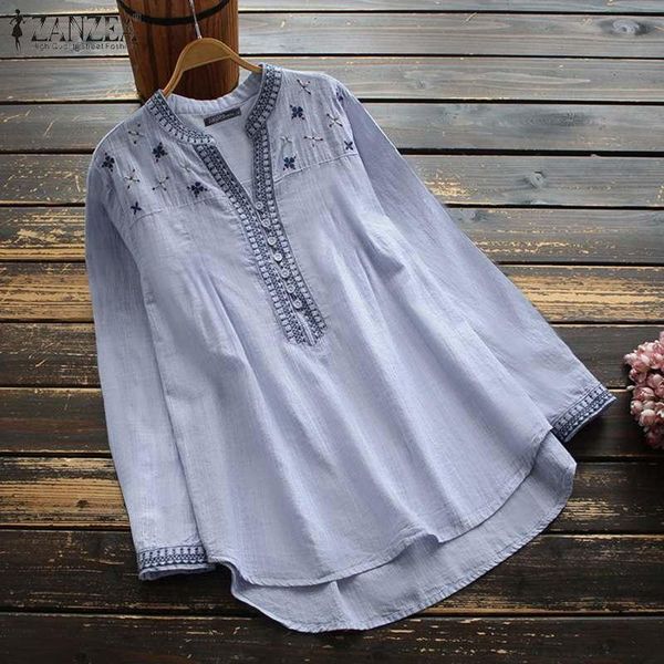 

women's blouses & shirts zanzea kaftan floral embroidery v neck blusas female long sleeve tunic button asymmetrical, White