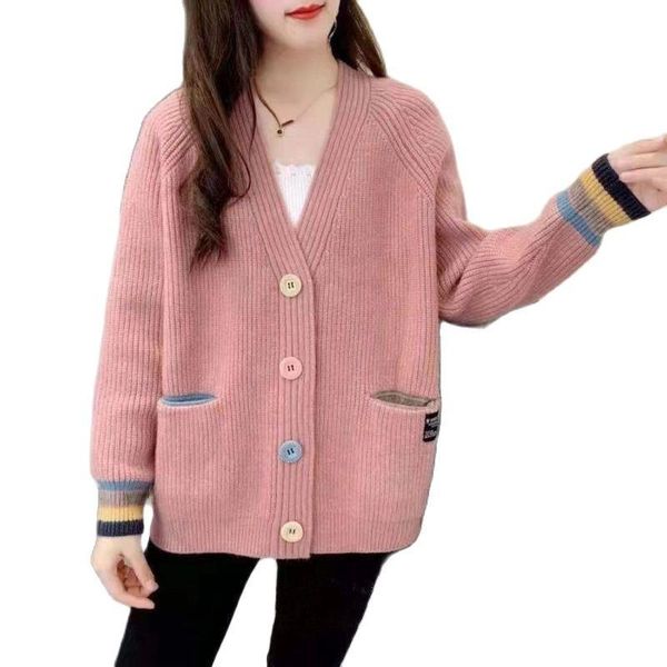 

women's knits & tees 2021 rainbow buckle sweater cardigan spring autumn long sleeve knitted jacket loose large size female q93, White