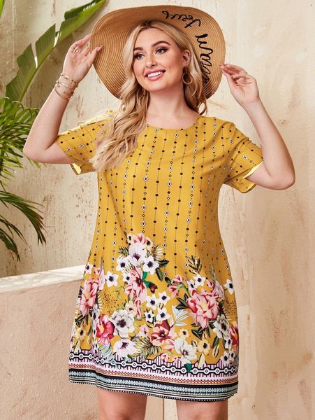 

plus floral round neck tunic dress c5mf#, Black