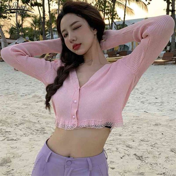 

v neck t shirts women lace patchwork knitted long sleeve shirt summer fashion korean slim ladies tees 10373 210510, White