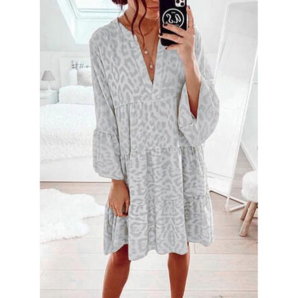 

casual dresses leopard dress woman v neck long sleeve for women 2021 autumn mini a-line butterfly ladies, Black;gray